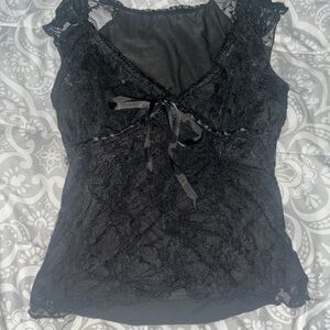 Lace Overlay Black Women's Blouse with Ribbon Detail